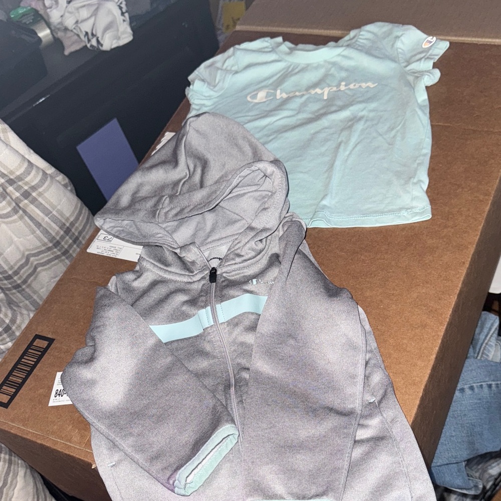 Champion Aqua T-Shirt and Heather Gray Hoodie